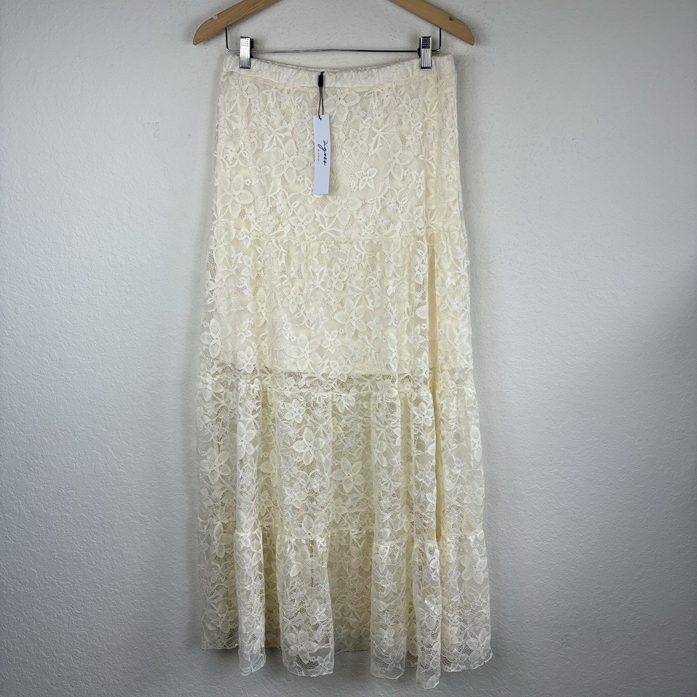 Vigoss Size M Maxi Skirt Lace Elastic Waist Cowgirl Coastal Tiered Boho Ivory